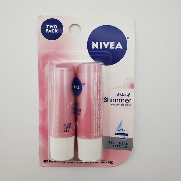 2pk Nivea A Kiss of Shimmer Radiant Lip Care 0.17 oz Pearl Silk Extracts Germany - Picture 1 of 10